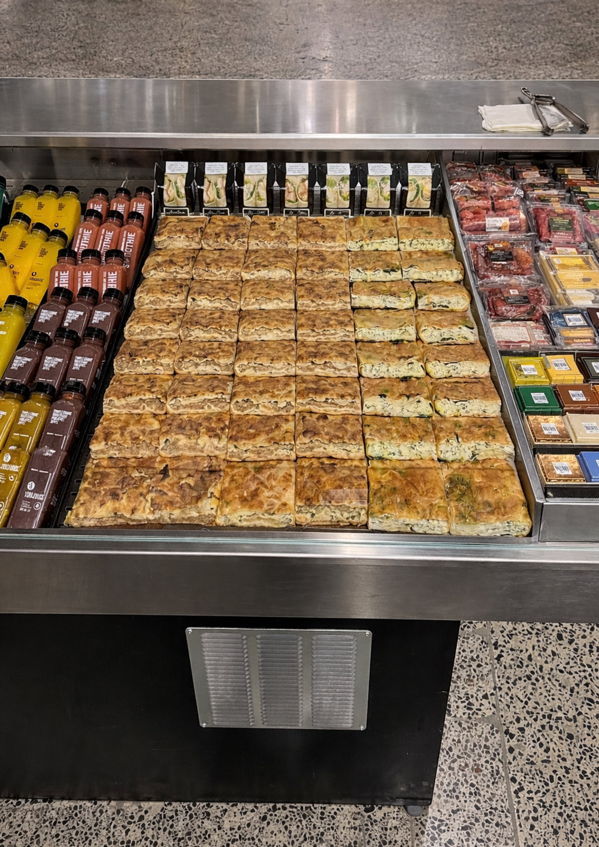 Sliced spanakopita pastries in a deli display
