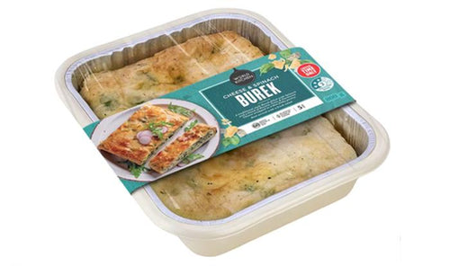 Packaged rectangular spinach and cheese filo pastry tray from the Burek Co. catalogue