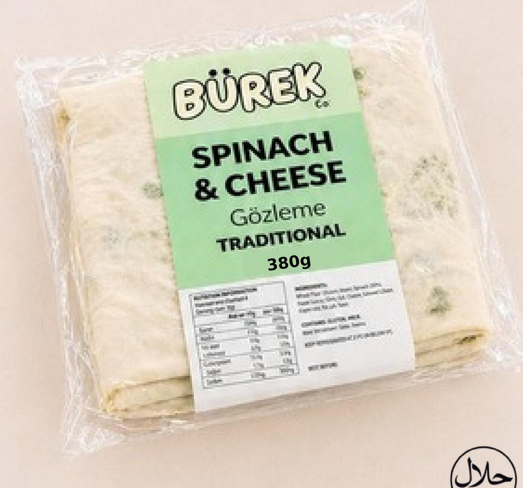 High-resolution photograph of the frozen 380g spinach and cheese Gozleme unit in Burek Co. packaging